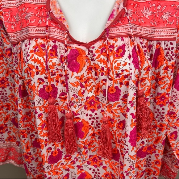 SZ BLOCKPRINTS Indian Floral Print Cotton
Dress Tassels Magenta Tangerine Large - Picture 4 of 7